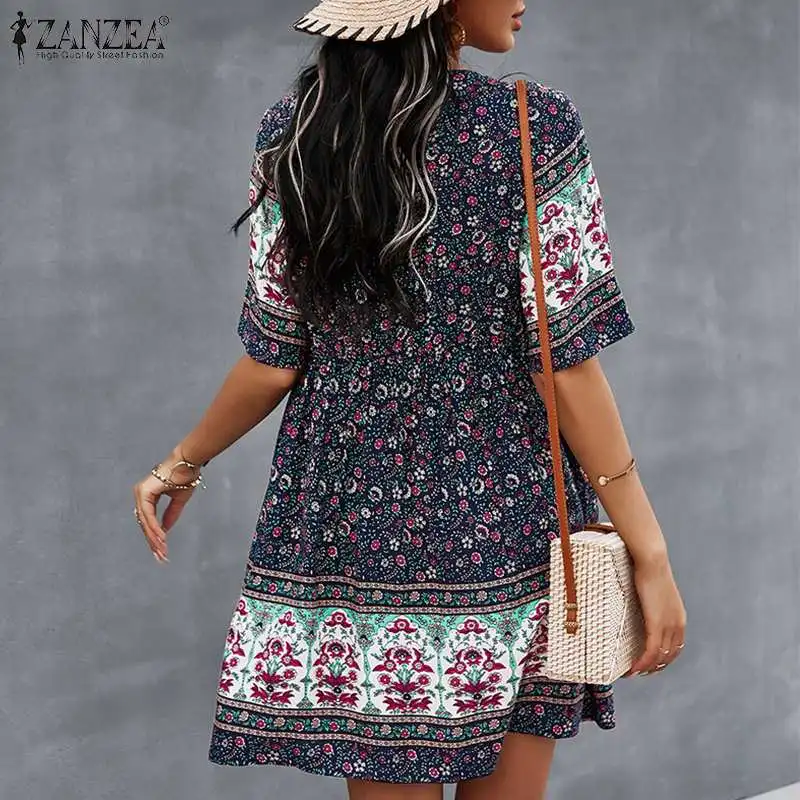 Women Bohemian Printed  Sundress ZANZEA V Neck Mini Dress 2023 Summer Short Sleeve Floral Kaftan Ladies Holiday Button Vestidos