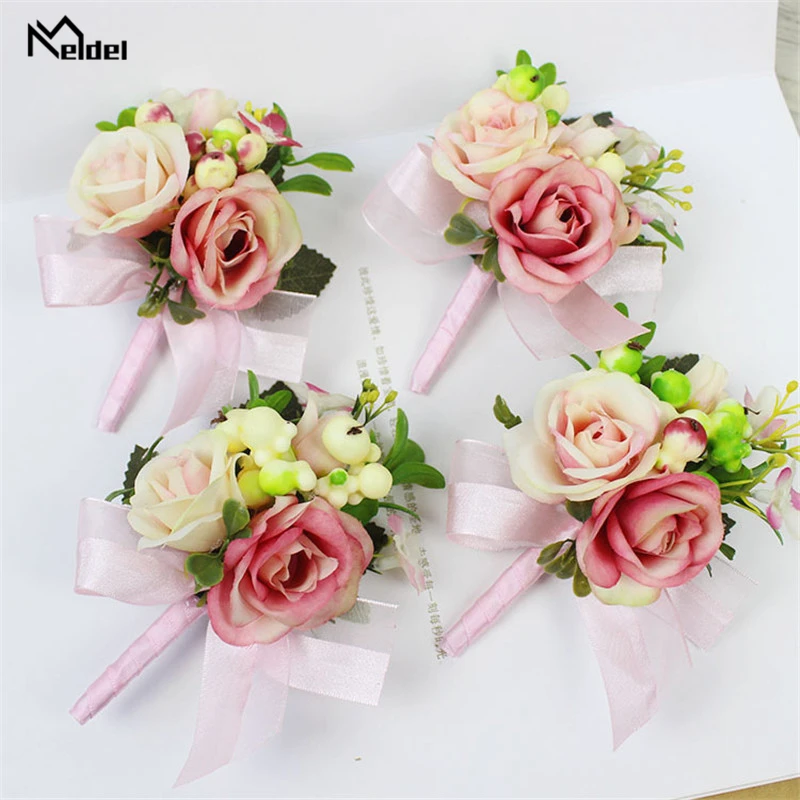 Meldel bride corsage, noivo e madrinhas, bracelete artificial de seda com rosas e flores de plástico, para meninas e homens, decoração para casamento