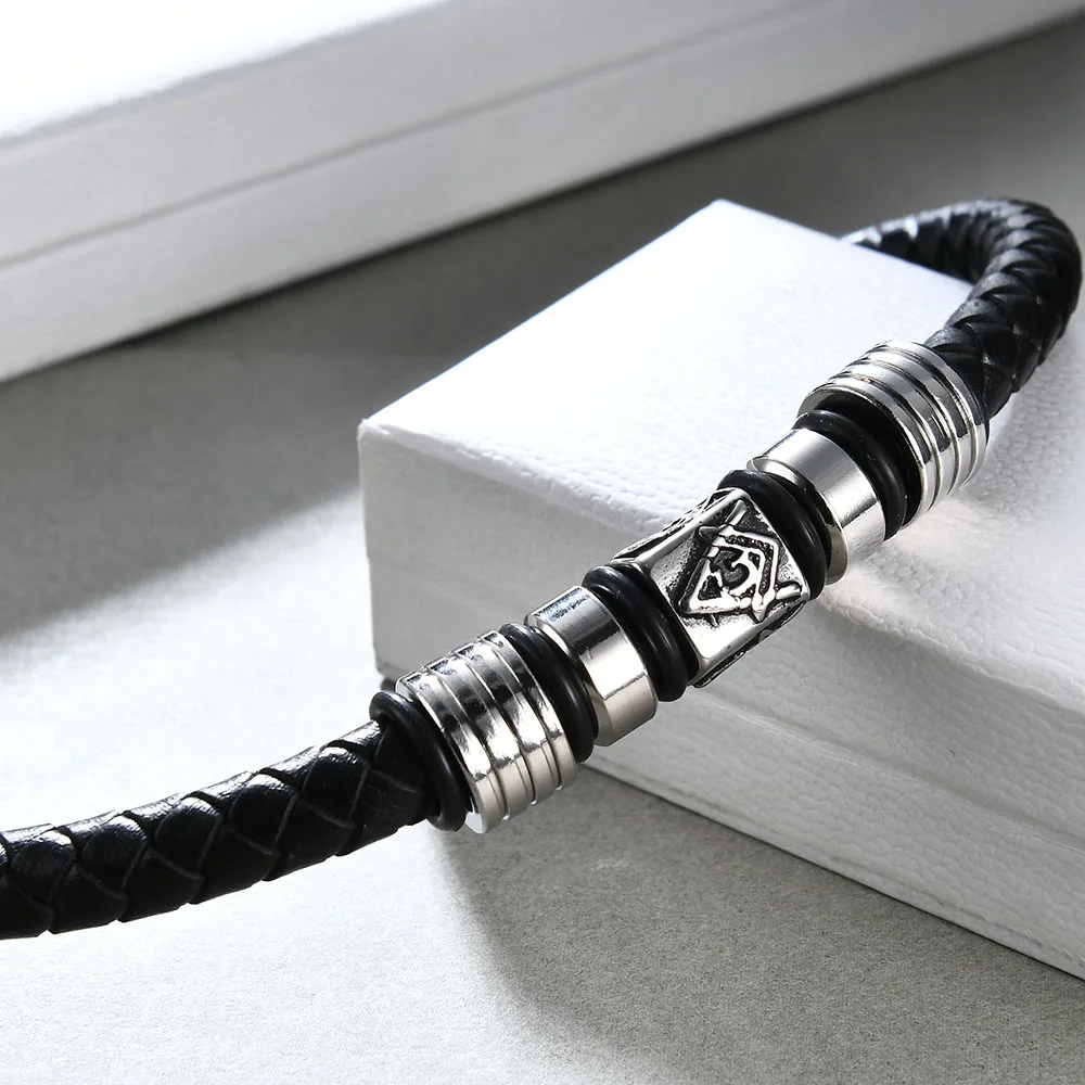 Men Jewelry Stainless Steel Black Leather Masonic Freemason Bracelet Braided Magnet Bangle