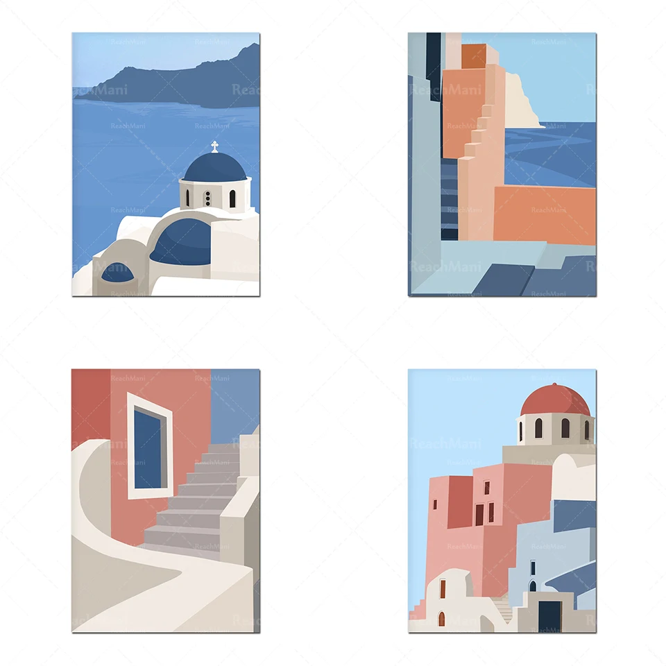 

Seascape poster, Santorini, Greece minimalist town seascape print, decorative wall painting poster