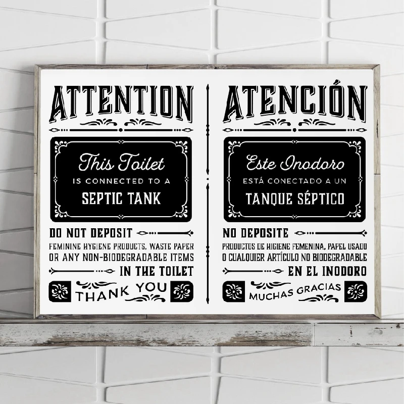 Septic System Sign Prints Bilingual English Spanish Do Not Flush Signs Poster Black White Canvas Painting Rental Home Art Decor