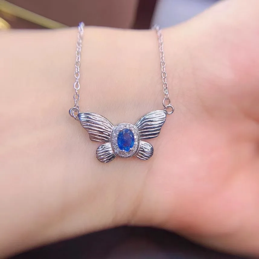 Flower  Natural Real Sapphire Necklace Natural Pendant Solid S925 Sterling Silver For Women Pendant