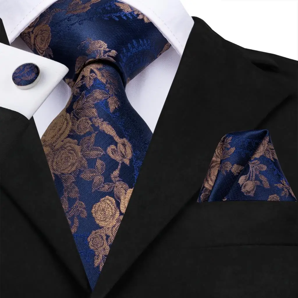 Navy Blue Brown Floral Silk Wedding Tie For Men Handky Cufflink Gift Men Necktie Fashion Design Business Party Dropship Hi-Tie