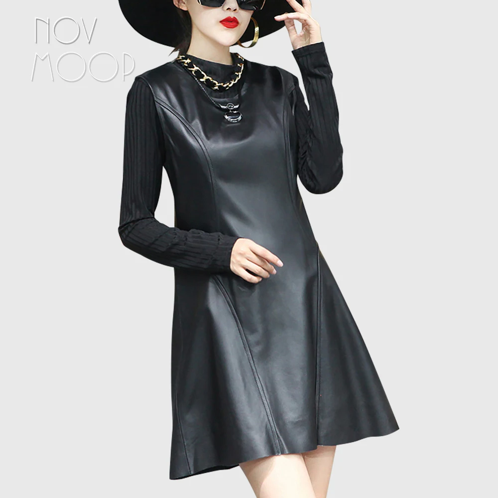 

Novmoop french elegant style genuine leather sheepskin women black dress Petite robe noire en cuir pour femme LT3279
