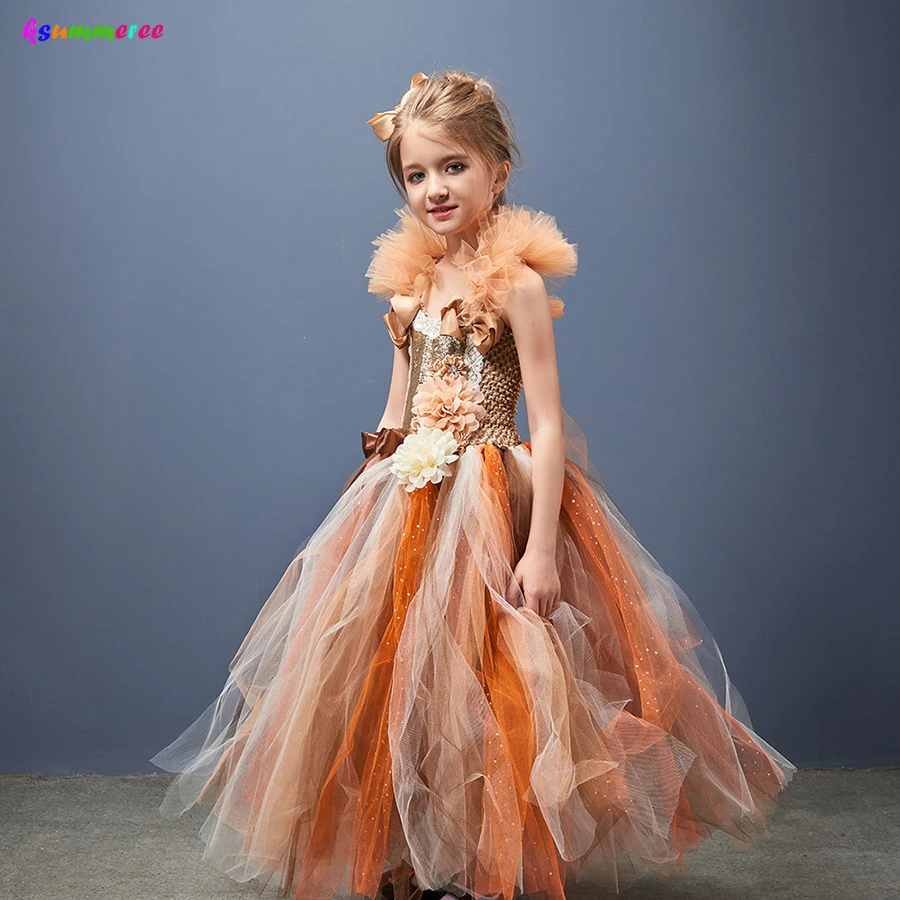 Autumn Fairy Flower Girls Gown Tutu Dress Glitter Sparkle Party Tulle Fancy Dress Fall Wedding Thanksgiving Halloween Outfit