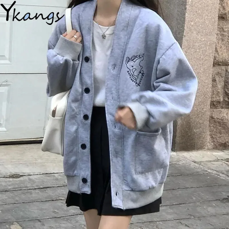 Harajuku Style Embroidered Plus Velvet Women Jacket Korean Single-breasted Ladies Cardigan New Outdoor Leisure Long-sleeved Top