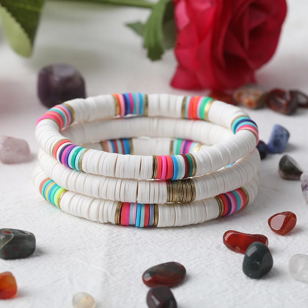 10Pcs White Rainbow 8mm Disc Heishi Vinyl Bohemia Bracelet Women Polymer Clay Beads Elastic String BraceletSummer Jewelry