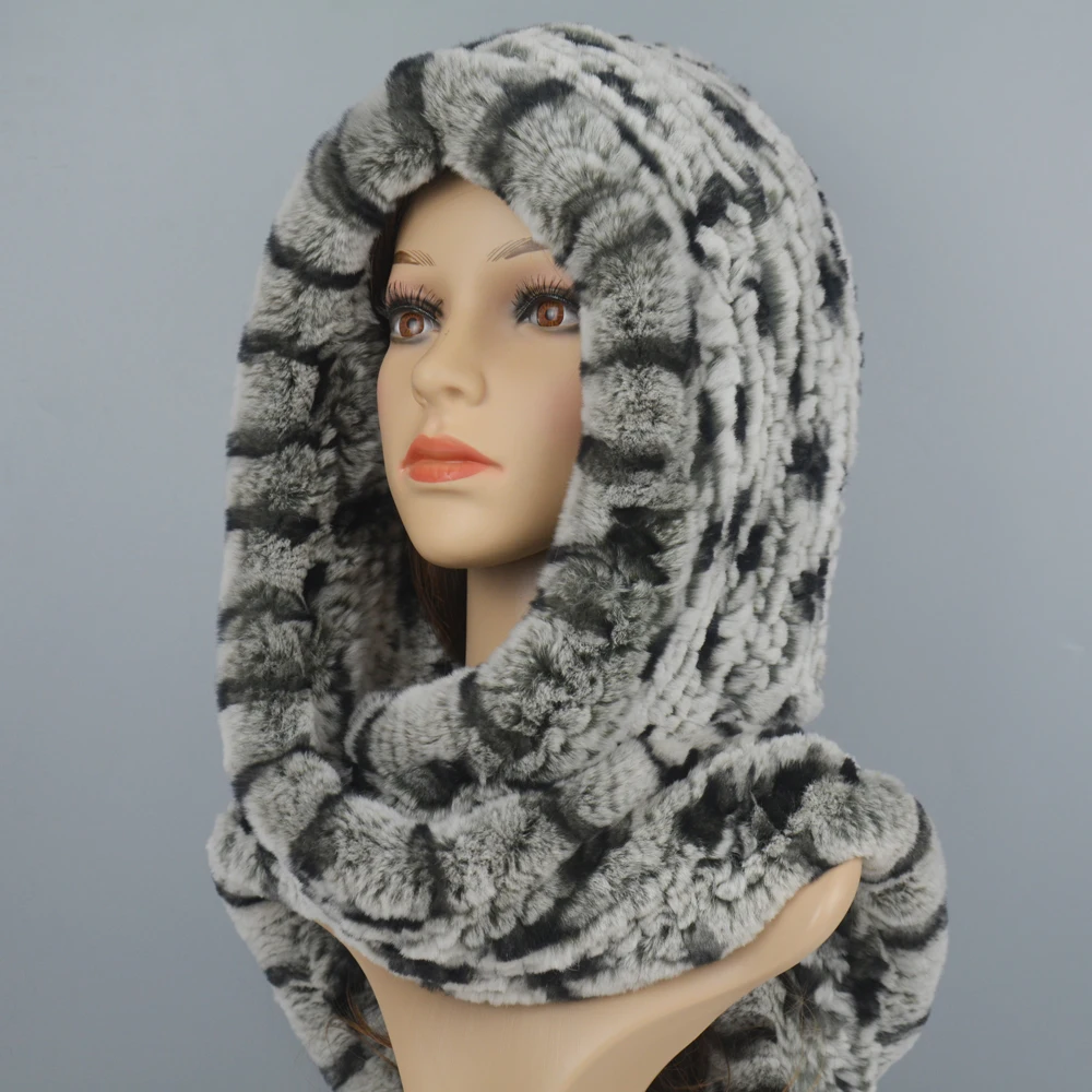 2024 Women Winter Knitted Real Rex Rabbit Fur Hat Scarf Brand Rex Rabbit Fur Cap Scarves Quality Natural Rex Rabbit Fur Poncho