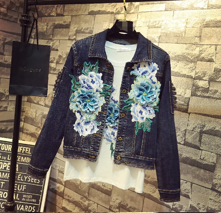 Spring autumn women's casual peony flowers embroidery broken hole  jacket female vintage slim  Jean jacket TB3388