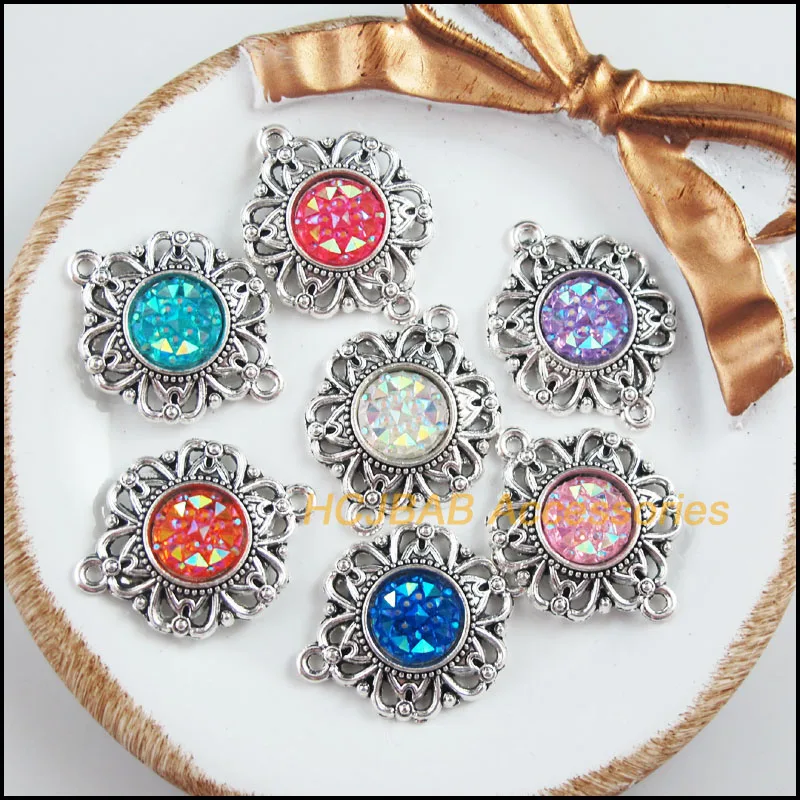 7Pcs Tibetan Silver Tone Retro Flower Mixed Round Resin Charms Connectors 21.5x28mm