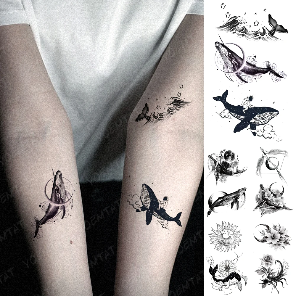 Waterproof Temporary Tattoo Sticker Whale Ocean Flash Tatoo Moon Mountain Cloud Hand Wrist Fake Tatto For Body Art Women Men