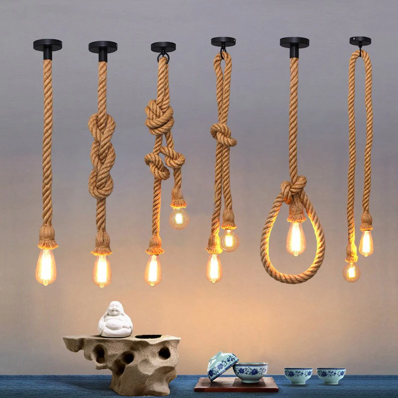 Hemp rope chandelier retro industrial style single head double head bar coffee shop clothing store personality chandelier