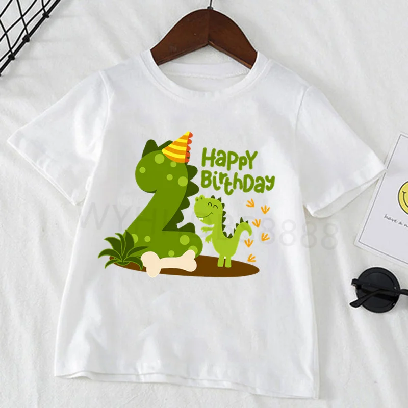 24M-8T Kids Dinosaur Cartoon Birthday Number White T Shirt Boys and Girls Summer Dino Top Birthday Gift