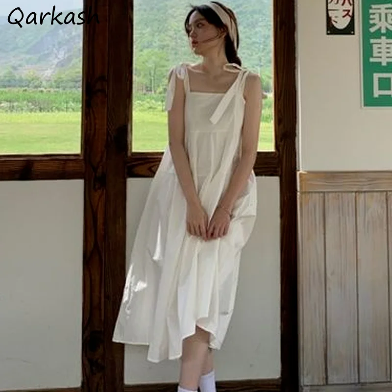 

Dresses Women Empire Spaghetti Strap Mid-calf Solid Sweet Student Fashion Loose Casual Feminino Vestidos Lace Up Summer Ulzzang