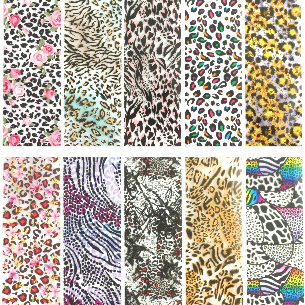 10pcs Mix Leopard Designs Nail Foil Transfer Foil Stickers for Manicure Nail Adhesive Decals Wrap Sliders Tape Nail Art 2019