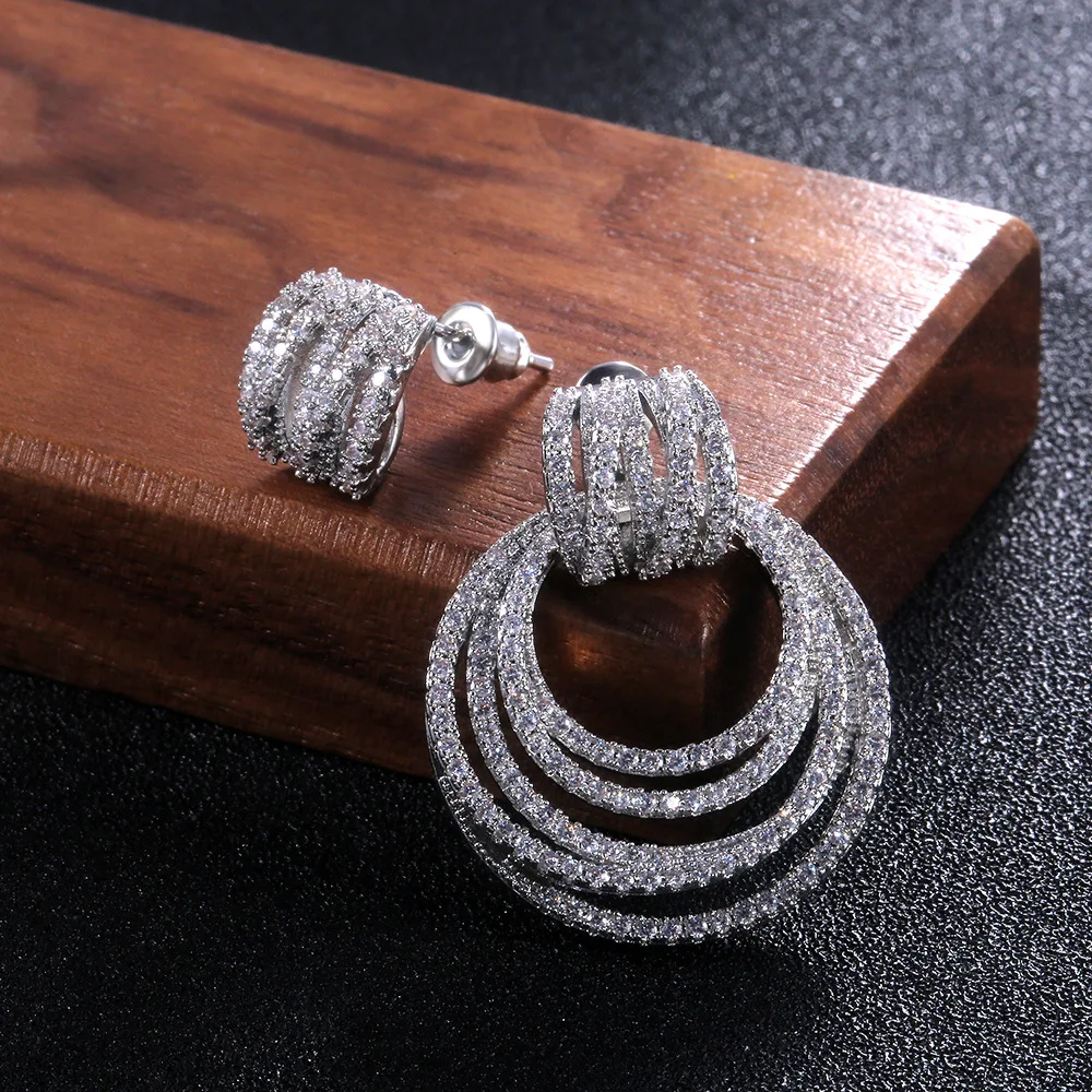 Irregular Luxury Multilayer Circles Trendy Sparkling Zircon Earrings Crystal Dangle Earring Wedding Jewelry