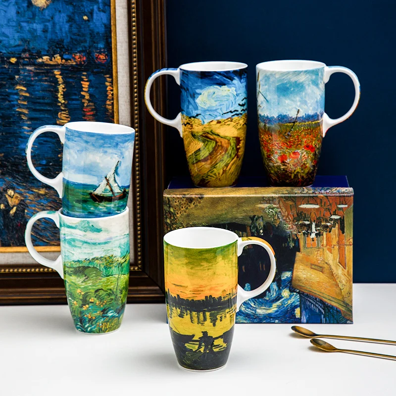 Oil painting bone china  Mug Creative Ceramic Milk Coffee Tea Cup Home With Lid Water Cup Drinkware Female Gift