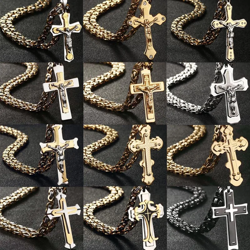 Orthodox Cross Pendant Necklaces for Men Stainless Steel Catholic Jesus Necklace  Silver Color Byzantine Chains Male Jewelry