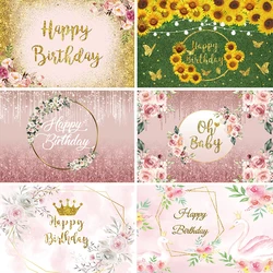 Laeacco Happy Birthday Photo Background Beautiful Flower Family Party Decor Children Portrait Photography Backdrop Custom Poster