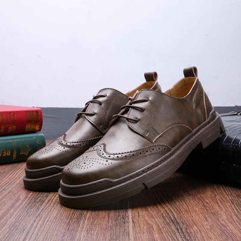 

Yomior Big Size Fashion Vintage Men Casual Shoes High Quality Real Leather Loafers Lace-Up Breathable Wedge Business Brogue Shoe