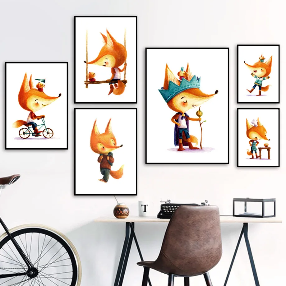 Cute Cartoon Fox bicycle Crown Nursery Wall Art Canvas Painting Nordic Posters And Prints Wall Picture Baby Kids Room Home Decor