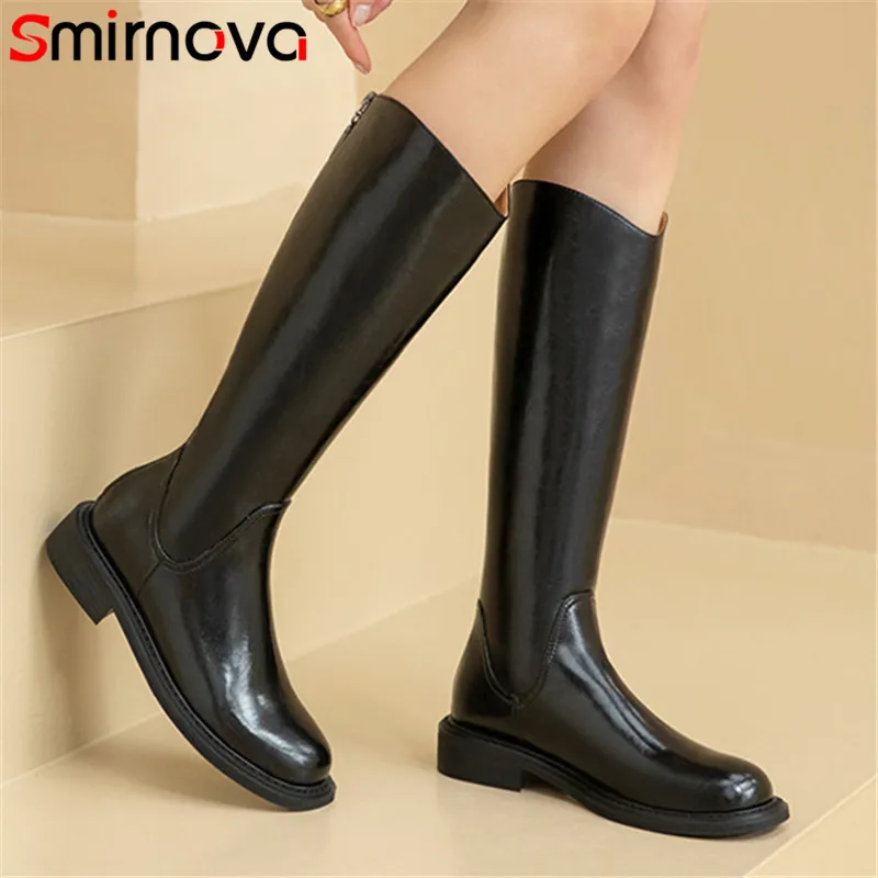 

Smirnova 2022 Black Winter Snow Boots Women Genuine Leather Shoes Solid Colors Zipper Low Heels Casual Knee High Boots Women