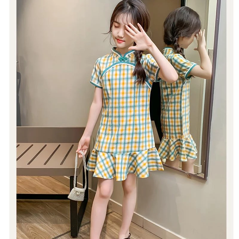 Formal Gowns Lovely Girls Cheong-sam Chinese Traditional Kid Plaid Dresses Children Perform Qipao gift simple vestido robe