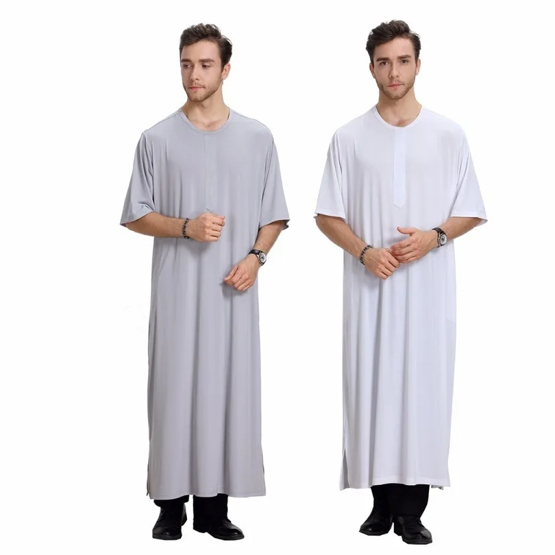 Islamic Men\'s Clothing Abaya Robe Muslim Jubba Thobe Short Sleeve Loose Shirt Dress Jilbab Moslem Middle East Kaftan Dubai Arab