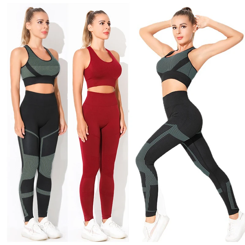 Sexy Striped Women Yoga Set Seamless Fitness Workout Clothes Sleeveless Bras Padded Elastic Hips Lifting Sportswear Female