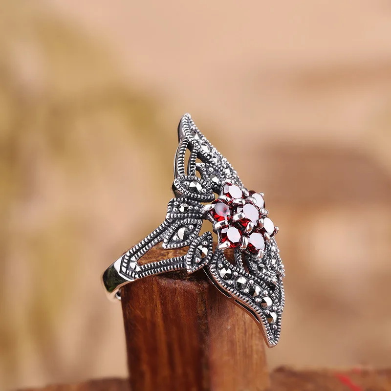 Uglyless Tempting Garnet Red Flower Rings for Women Marcasite Rhombus Wide Open Rings 925 Silver Thai Silver Fine Jewelry R860 - view 4