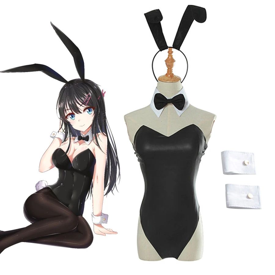 Sexy Cute Bunny Mädchen Cosplay Overall Anime Sakurajima Mai Bunny Mädchen Senpai Cosplay Kostüm Faux Leder Frau Kaninchen Body