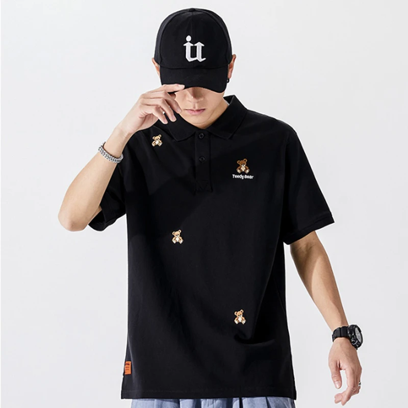 Lyprerazy Summer Teedy Bear Embroidery Polo Shirt Streetwear Casual Original Tops Short Sleeve Turn-down Collar T-shirt Male