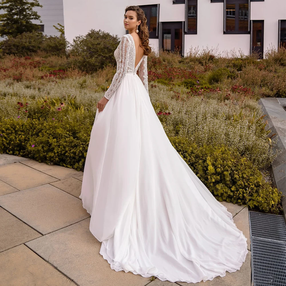 Abiti da sposa Sexy in Chiffon Boho scollo A V profondo maniche lunghe abito da sposa bohémien fluido Backless A Line Robe De Mariage