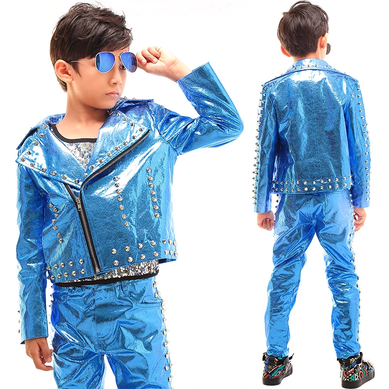 Jazz Dance Costume Boys Hip Hop Clothes Leather Rivet Jacket Pants Street Dance Performance Outfit Shining Stage Suit DNV14077