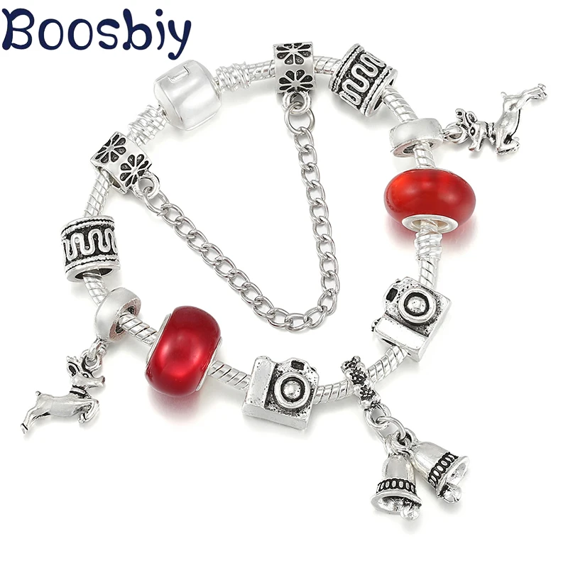 Nowy projekt Bransoletka z koralików bożonarodzeniowych w stylu europejskim z dzwonkami ze stopu i zawieszkami łosia dla kobiet Biżuteria świąteczna Prezent