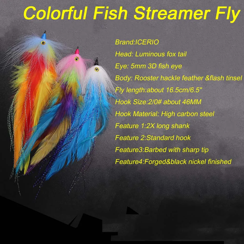 ICERIO Streamer Pluma 3D Anzuelo Púas Moscas Agua Salada Lubina Lucio - imagen 3