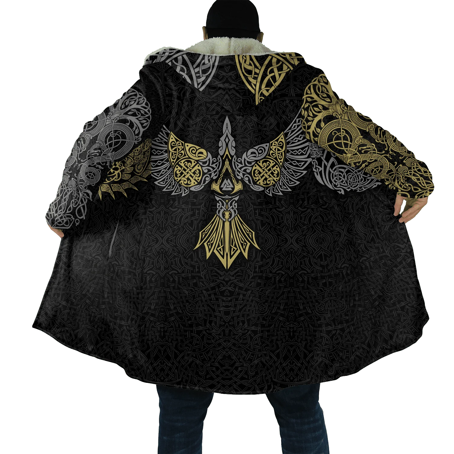 

2023 Winter Mens Cloak Huginn Ravens of Midgard Gold 3D Printing Fleece Hooded cloak Unisex Casual Thick Warm Cape coat PF39