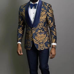 Navy Blue Floral Jacquard Prom Men Suit For Wedding 2 Piece Slim Fit Groom Tuxedo African Male Fashion Costume Jacket +Pants
