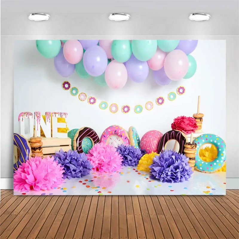 

Baby 1st Birthday Party Backdrop Balloon White Wall Donuts Family Shoot Baby Kids Portrait Photo Backdrop Photography Background