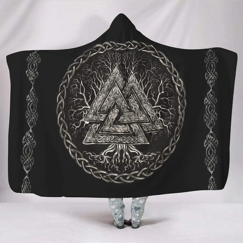 Viking Valknut and Tree of Life Hooded Throw Blanket Fluffy and Warm Wearable Cuddle Blanket for Adults Men Women Kids White