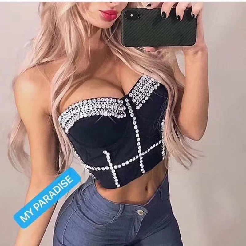 

Cupnaya Crystal Rivets Women Spaghatti Strap Crop Top Sexy Sleeveless Bustier Summer Gauze Tube Vest Cami Stretch Corset