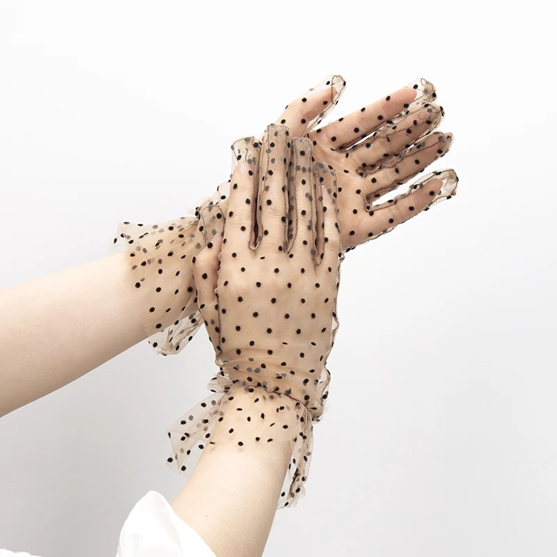 1 Pair Sexy Lace Gloves Dot Fashion Driving Women Short Tulle Stretchy Lotus Leaf Sheers Flexible Mesh Wedding Full Finger Glove