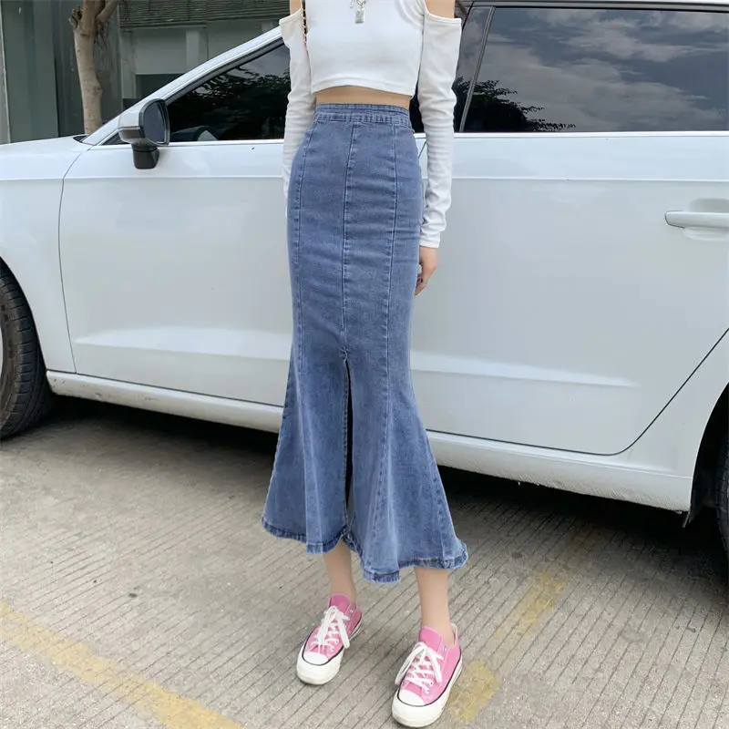 Skirts Women Slim Split Denim Vintage Design Sexy Temperament Trumpet Korean Style Ladies Empire Fashionable College Summer Ins