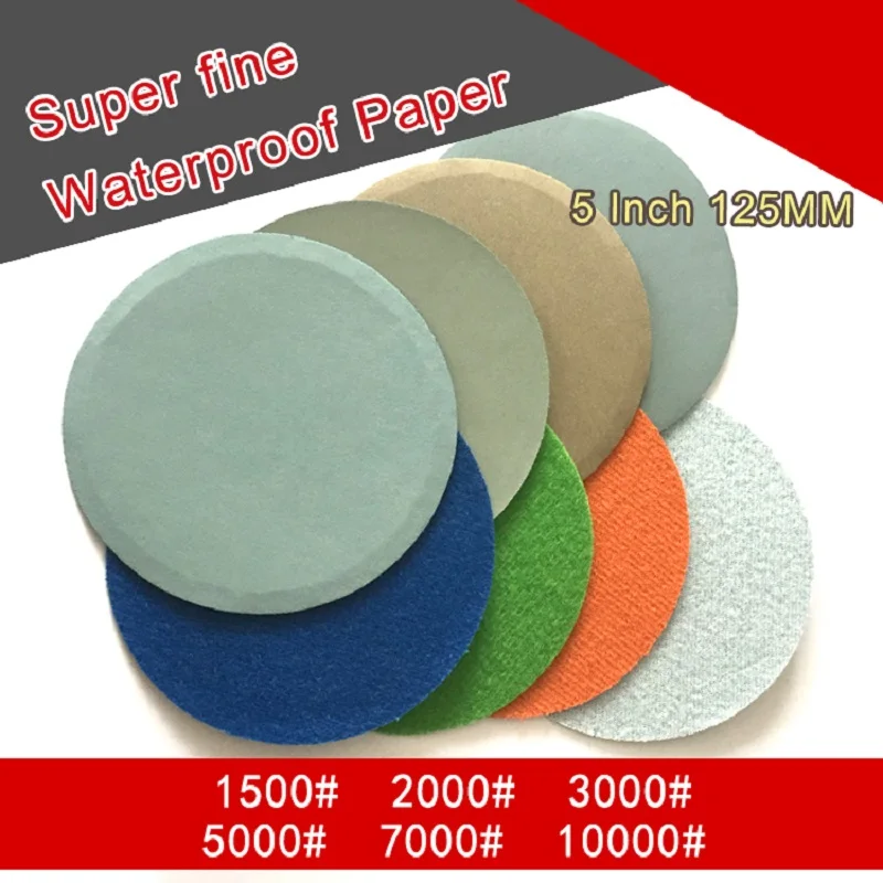 10PCS 5 Inch 125MM Flocking Waterproof  Abrasive Sandpaper Sanding Disc Hook Loop 800 to 10000 Grits Self-adhesive Wet & Dry