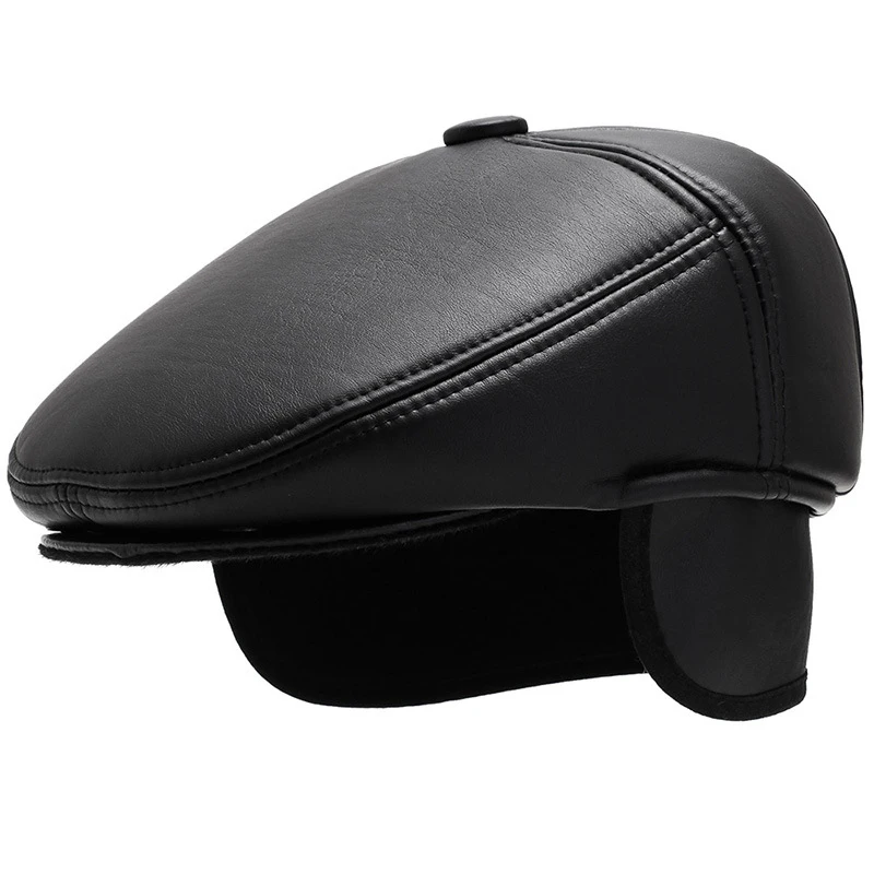 HT2629 Beret Cap Autumn Winter Hats for Men PU Leather Hat Vintage Ivy Flat Cap Male Thick Warm Berets for Men Beret Hat