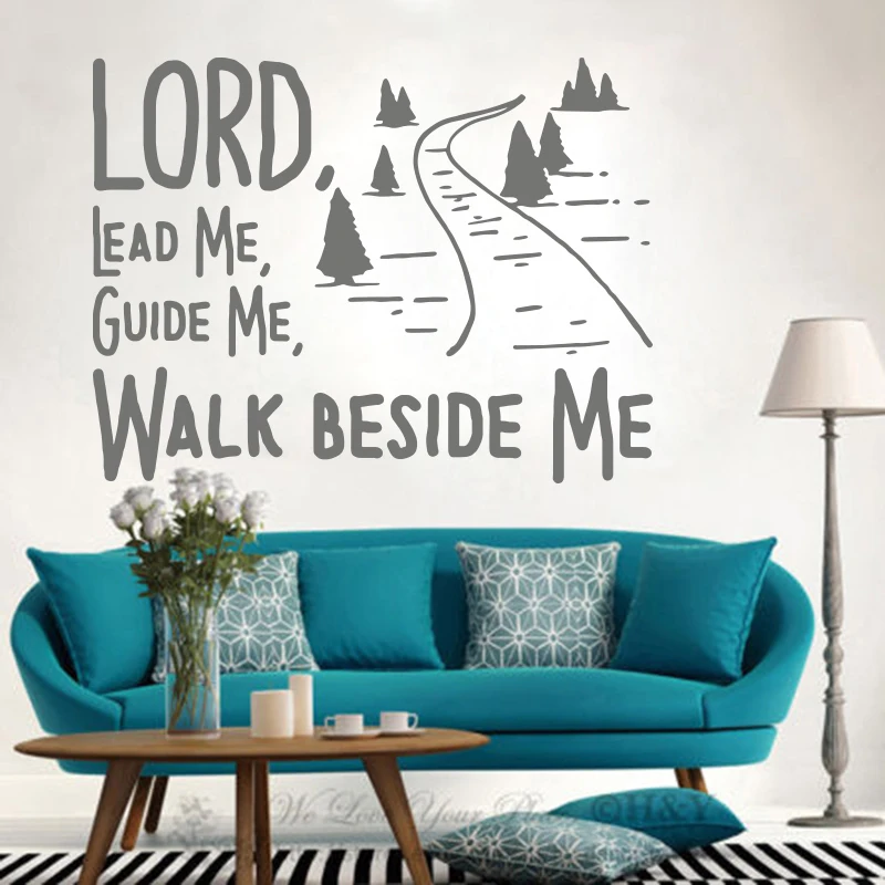 Christian Bible Verse  Forest Path Pine Tree Wall Decal Lord Lead Guide Me Walk Beside Me Inspirational Quote Wall Sticker Viny