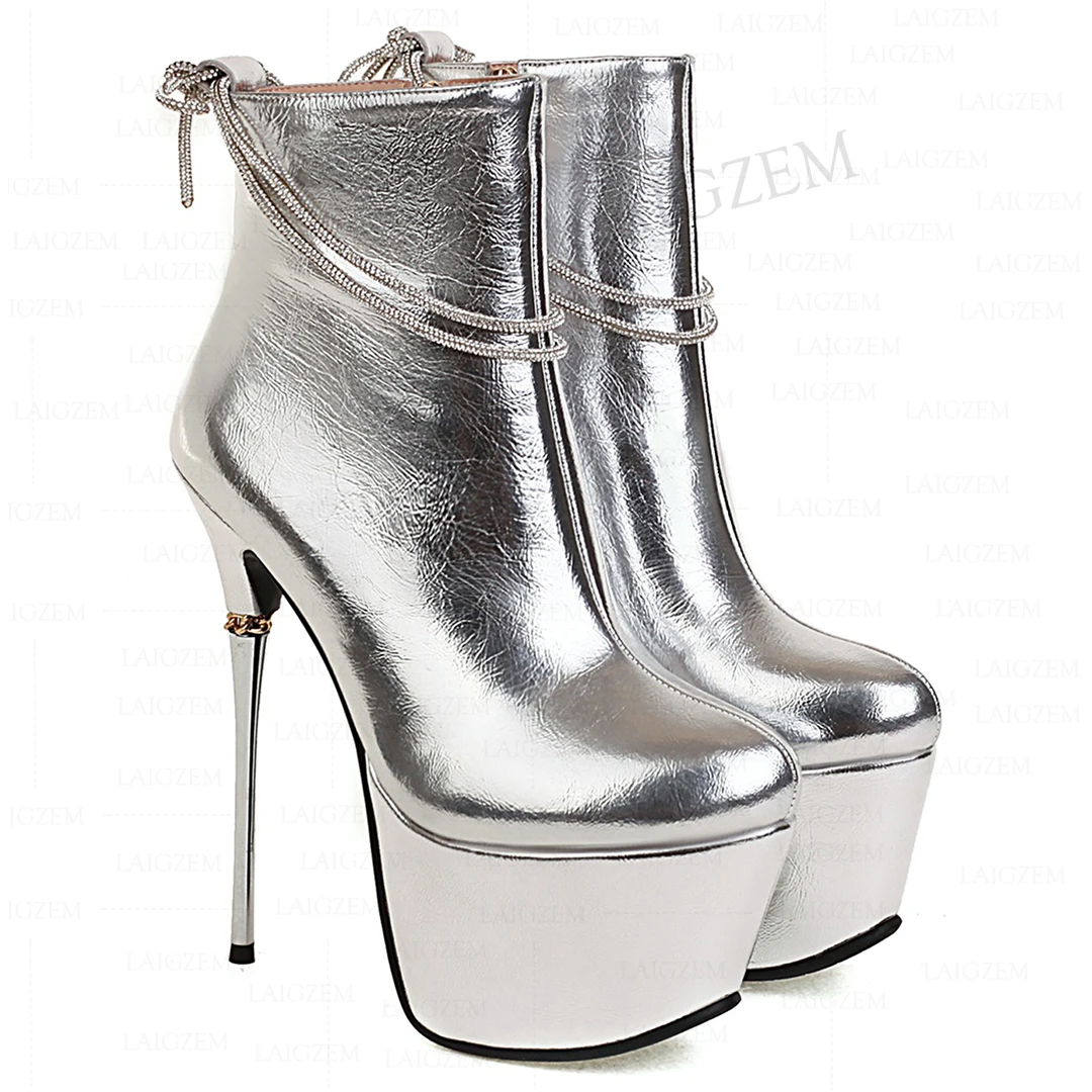 LAIGZEM Women Ankle Boots Side Zip Round Toe Metal Stiletto High Heels Booties Party Club Ladies Shoes Woman Big Size 38 41 43