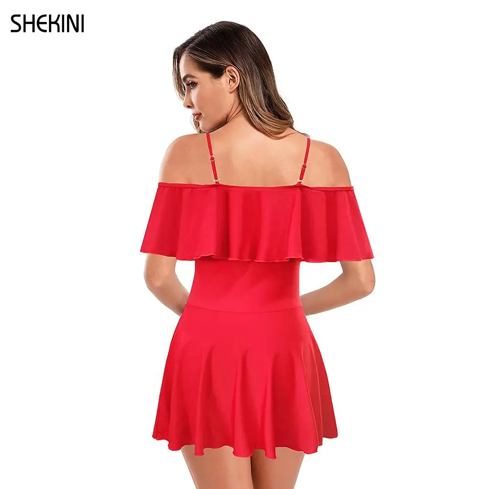 SHEKINI Women's Off-shoulder ruffled One Piece Skirt Swimsuit Swimdress Tummy Control Bathing Suit With Shorts Beach Swimwear