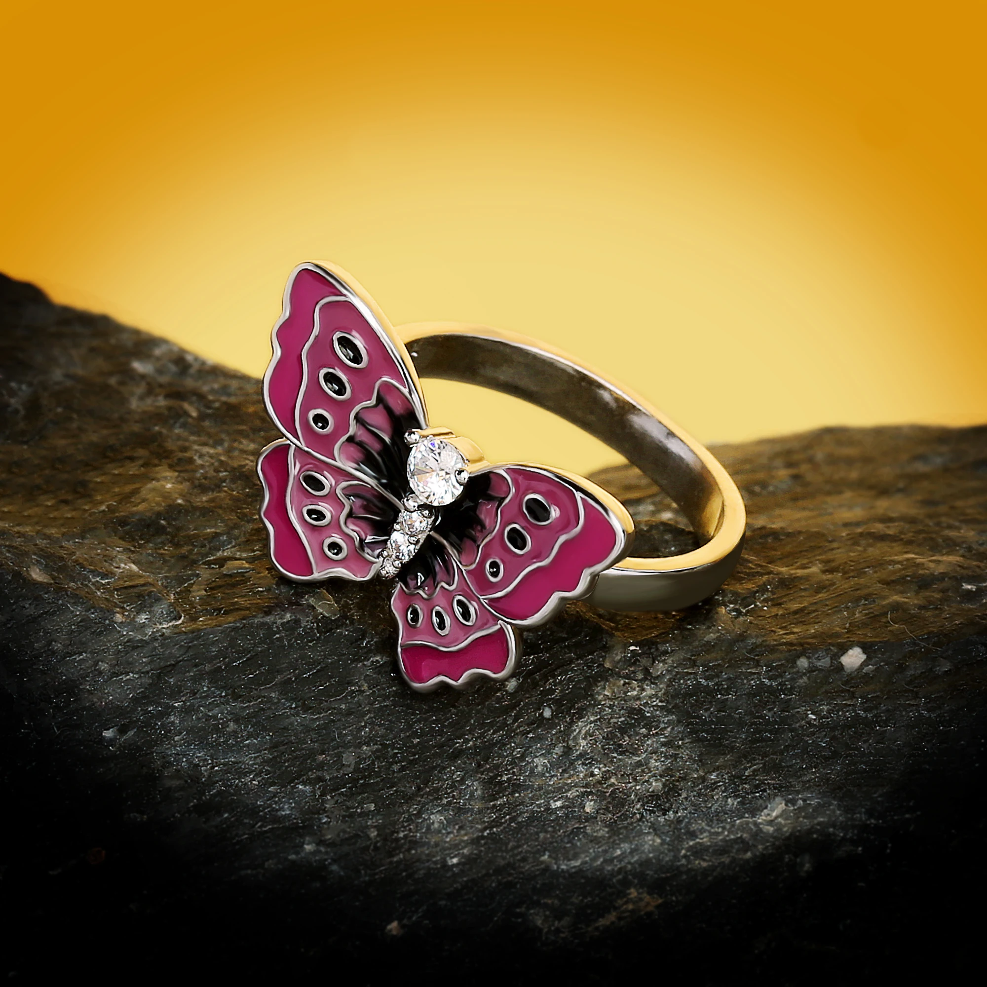 Exquisite And Playful Epoxy Pink Butterfly Enamel Zircon Ring Female Wedding Engagement Travel Party Gift For Women Jewelry