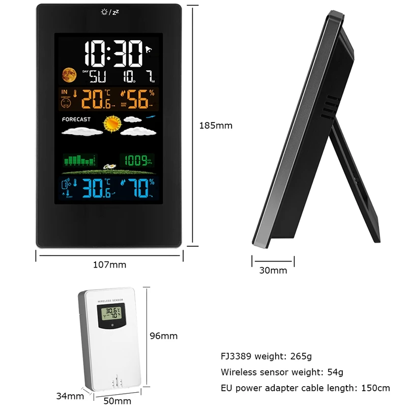 Digital Wall Temperature Humidity Meter Wireless Sensor Electronic Weather Forecast Alarm Clock Moon Phase Barometer Backlit